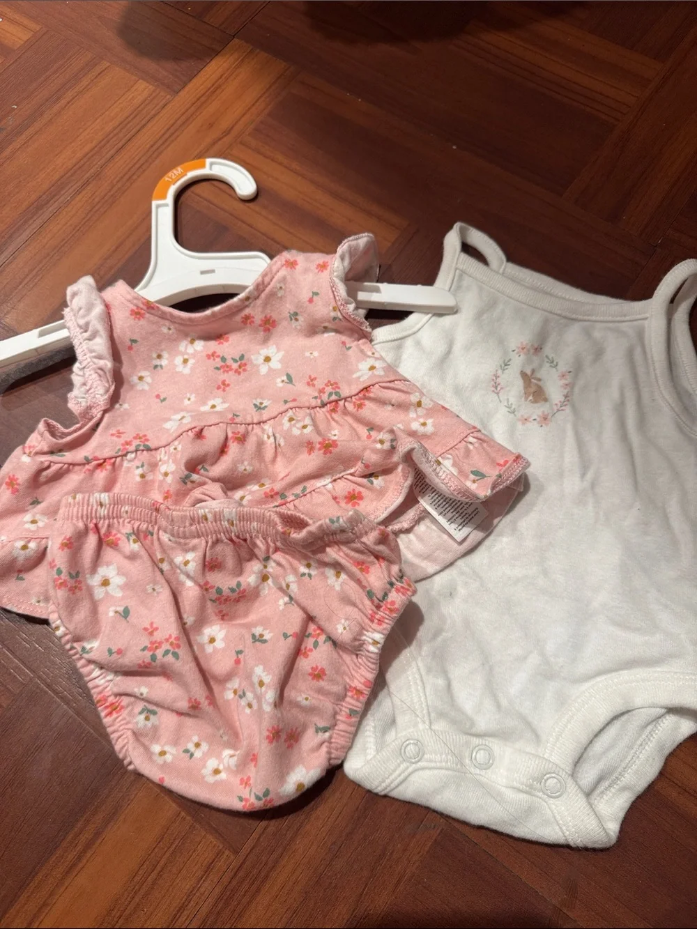 Pink Floral Baby Dress & White Bunny Bodysuit Set